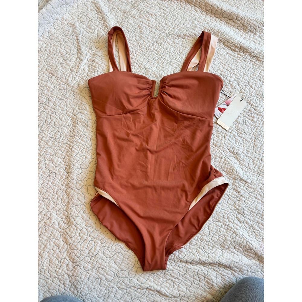 Calia Womens Warm Terracotta U-Bar‎ Colorblock One Piece Swimsuit Size 14